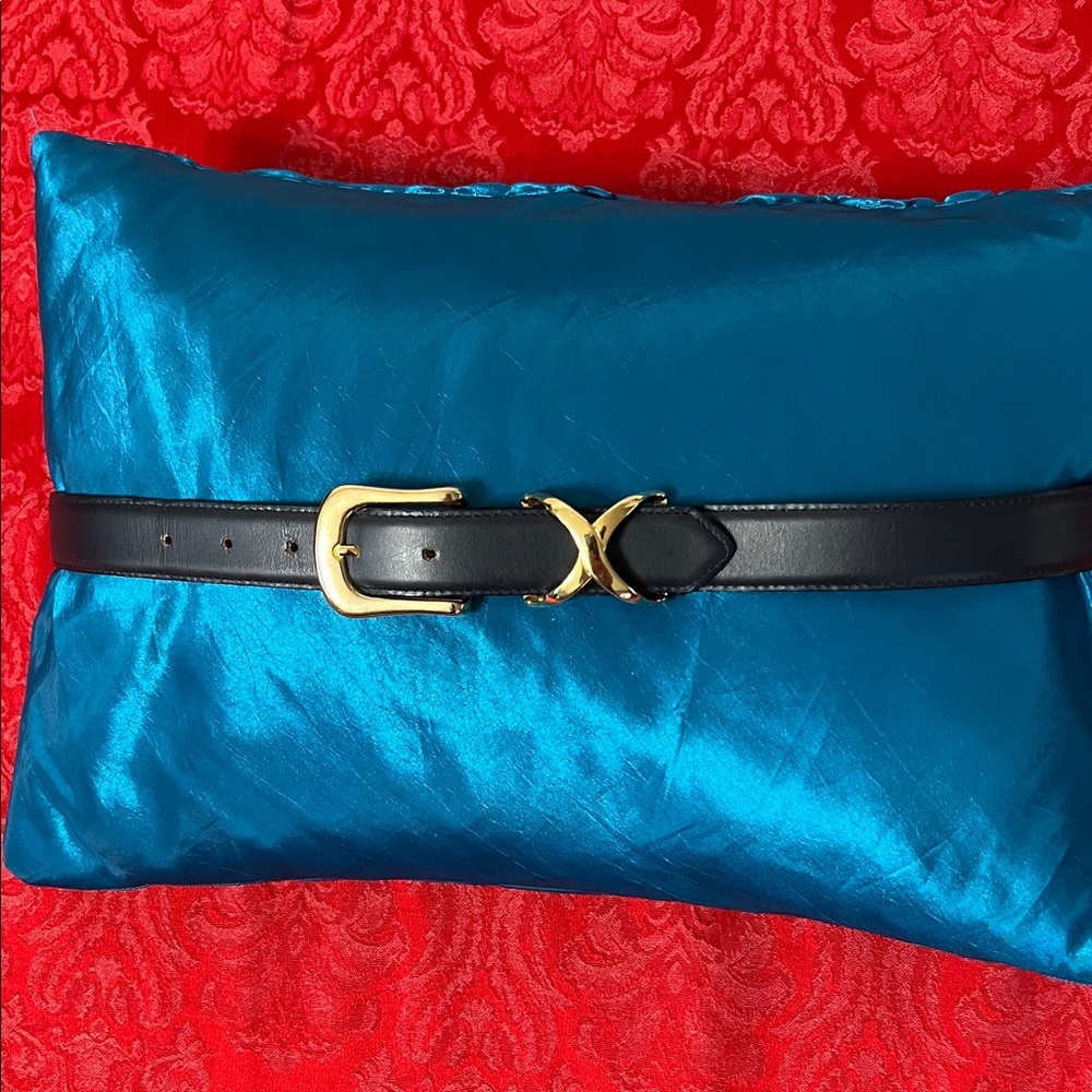 Pearl Leather Belt Gold Accents Made in USA Black L